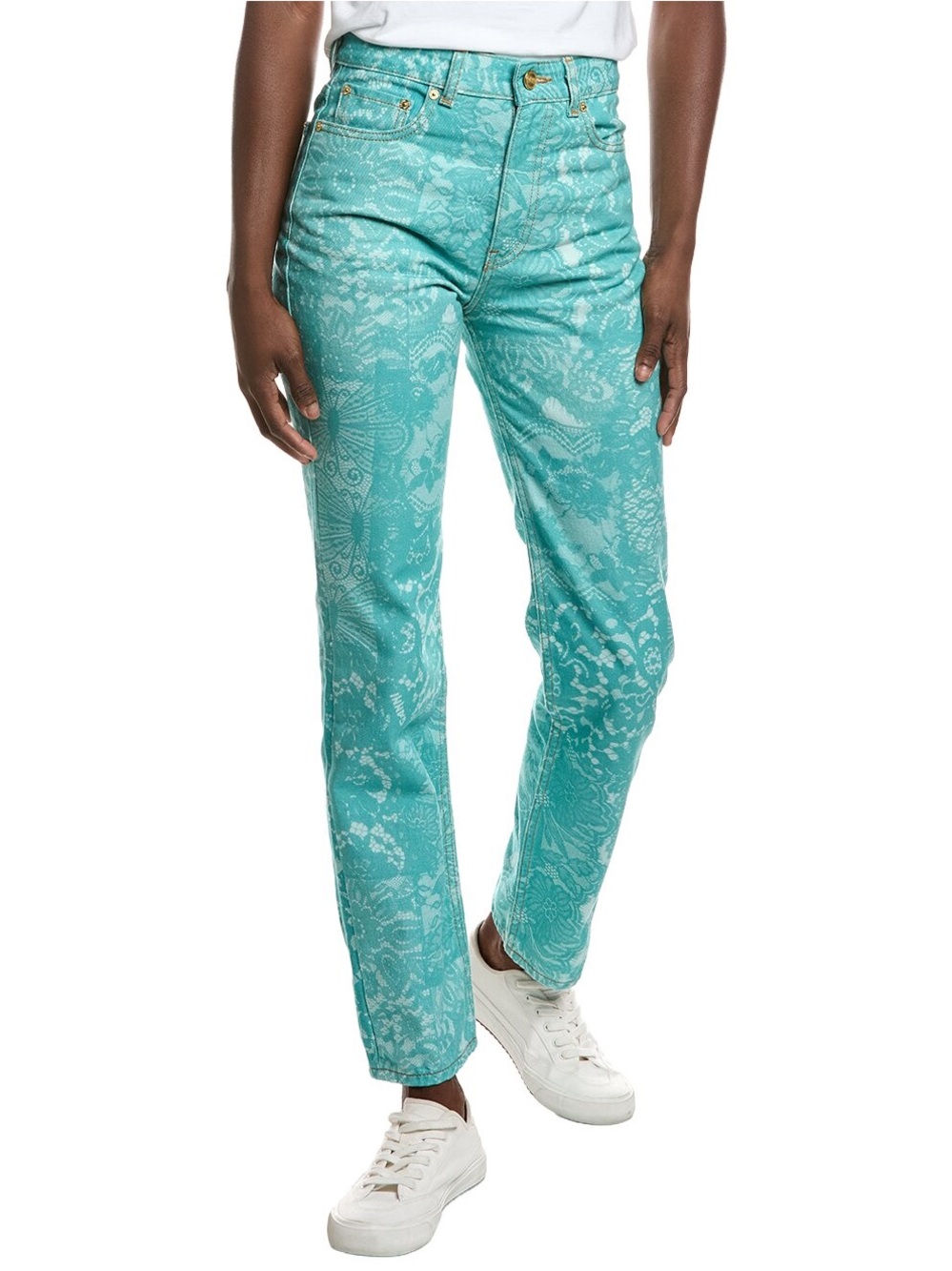Ganni Turquoise Floral-Pattern Straight-Leg Jeans